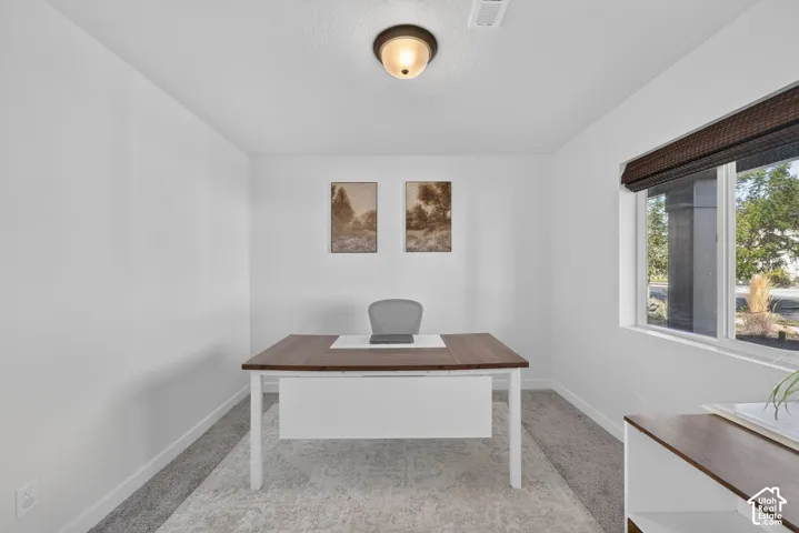 Neutral-toned carpeting, white painted walls, and a large window with a woven shade