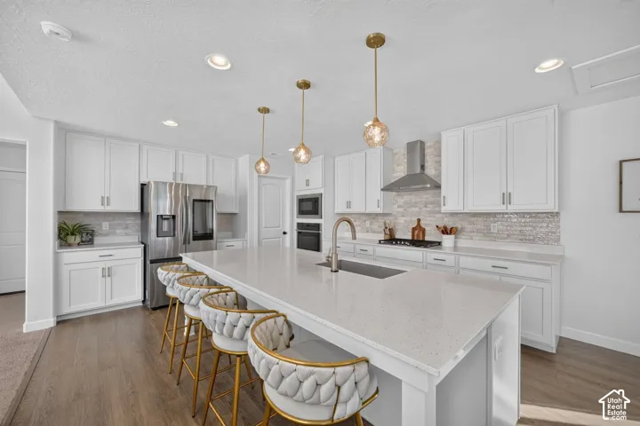 Kitchen featuring an expansive island with a built-in sink, white cabinetry with silver hardware, recessed lighting, and wood-finish flooring