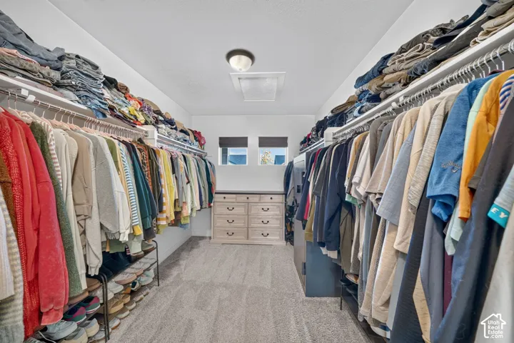 Expansive walk-in closet featuring wall-mounted garment rods, integrated shelving, soft carpet flooring, and a central dresser