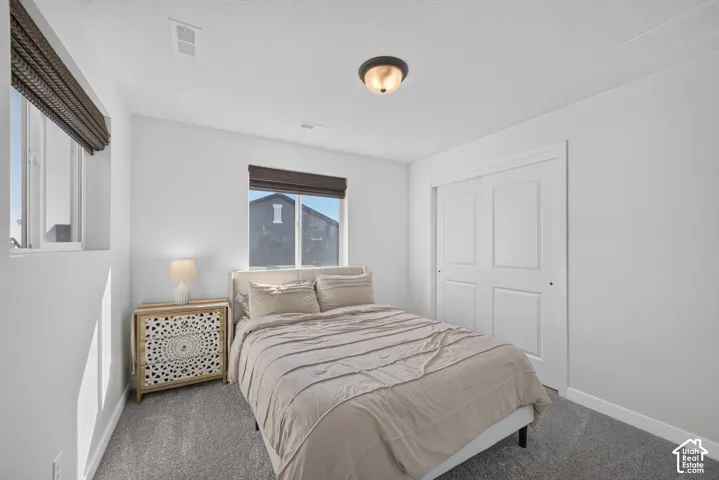 White walls with carpeted flooring, two windows with blinds, a ceiling-mounted light fixture, and a two-panel sliding closet door