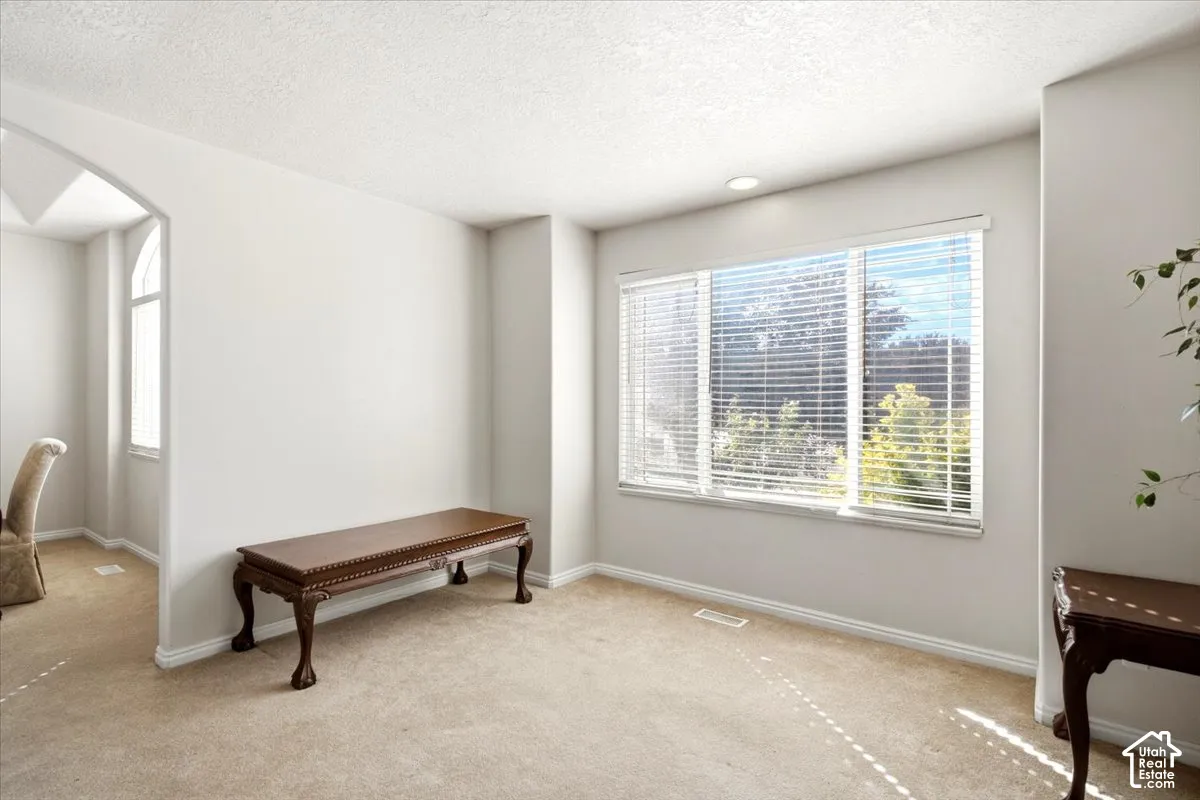 Expansive window with horizontal blinds, neutral wall tones, recessed lighting, and carpet flooring