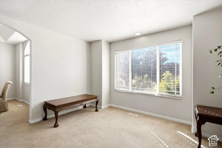 Expansive window with horizontal blinds, neutral wall tones, recessed lighting, and carpet flooring
