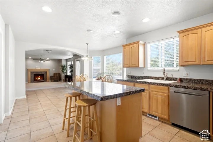 Kitchen with tile flooring, wood cabinetry, stone-finish countertops, and stainless steel dishwasher