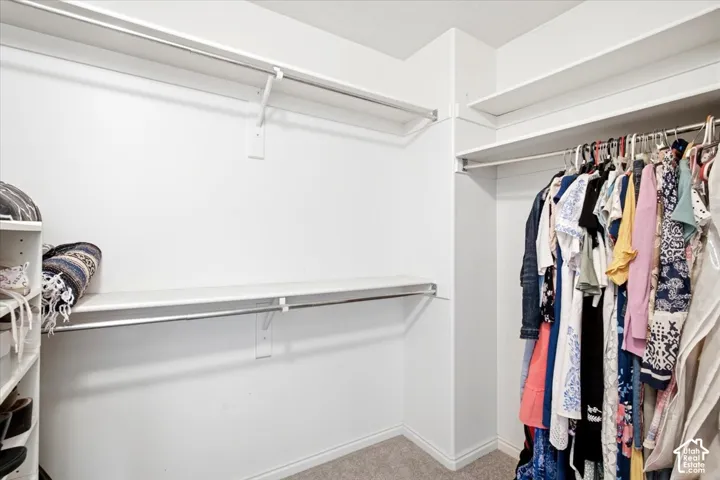 Walk-in closet featuring white shelving, multiple hanging rods, and carpet flooring