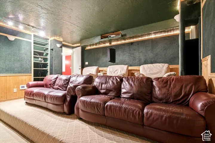 Tiered carpeted flooring, paneled wood wainscoting, recessed lighting, built-in shelving, and wall-mounted speakers