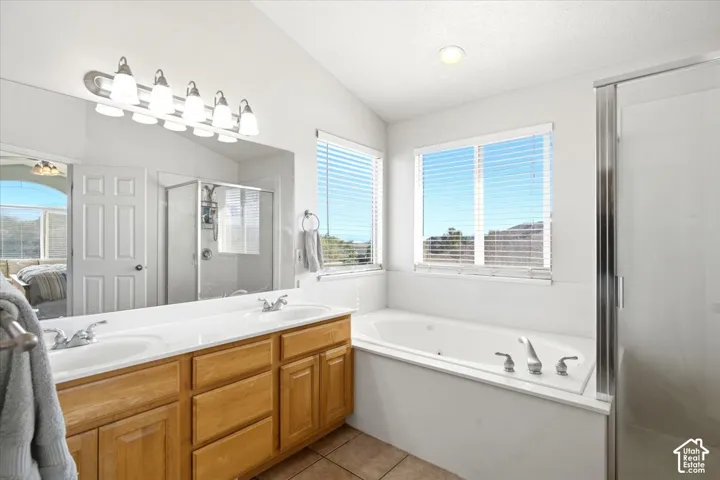 Double vanity with wood-finish cabinetry, a jetted soaking tub, a separate glass-enclosed shower, and a large wall mirror
