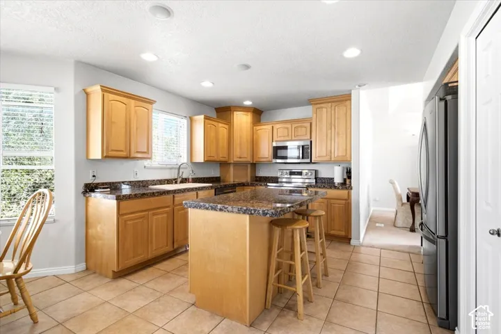 Kitchen featuring wood cabinetry, integrated stainless steel appliances, speckled stone countertops, and tile flooring