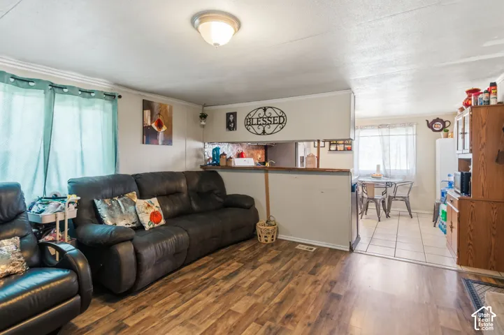 Wood-finish flooring throughout the living area