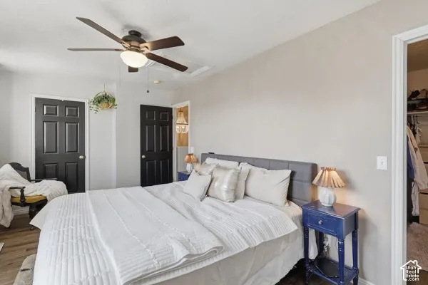 Ceiling fan with integrated lighting, wood-finish flooring, paneled doors, and an open closet with built-in shelving
