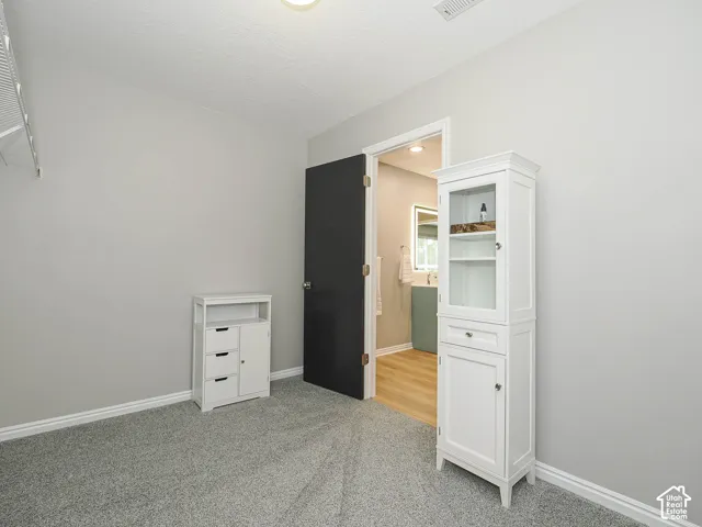 Gray carpeting, light gray wall paint, and white trim