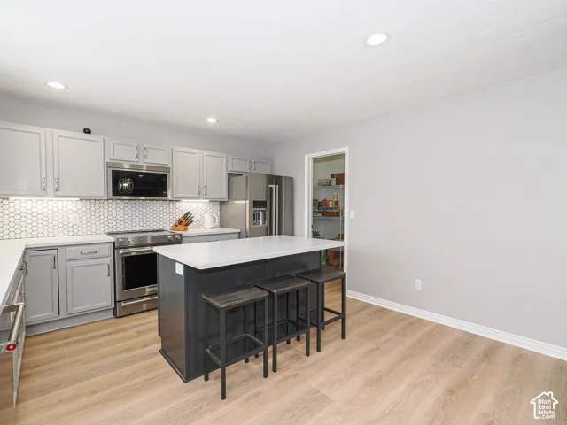 Contemporary kitchen featuring light gray cabinetry, new cabinet pulls, new countertops , new stainless-steel sink, matching stainless steel appliances, a white hexagon tile backsplash, and light wood-finish flooring.