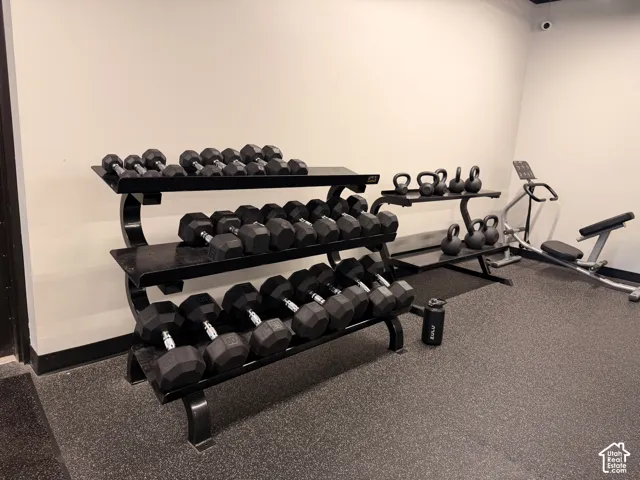 Dedicated fitness area featuring rubber flooring, multi-tiered dumbbell rack, kettlebell storage, and exercise equipment