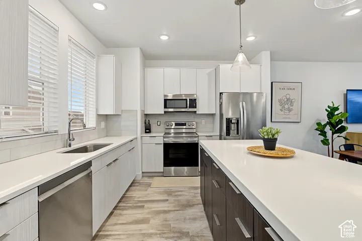 Modern kitchen with white countertops, stainless steel appliances, wood-finish flooring, and recessed lighting