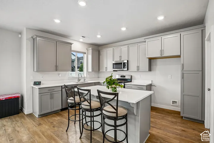 Kitchen featuring wood-finish flooring, recessed lighting, a central island with countertop seating, stainless steel appliances, and grey shaker-style cabinetry