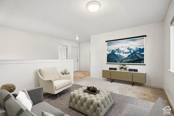 White walls with a ceiling-mounted light fixture, light-toned carpet, and a half-wall partition