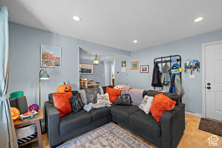 Recessed lighting and wood-finish flooring