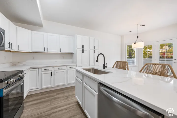 Modern kitchen featuring white cabinetry, light-toned countertops, stainless steel appliances, wood-finish flooring, and a kitchen island with an integrated sink