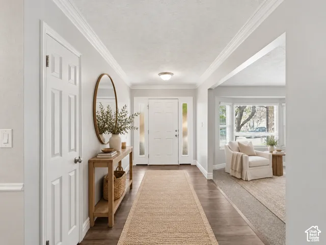 Entryway featuring wood-finish flooring, crown molding, and a paneled front door with frosted sidelights