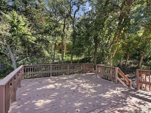 Expansive outdoor deck with wood railing, integrated string lighting, and direct access to a natural, wooded area