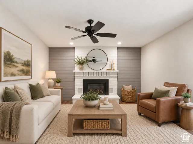 White brick fireplace with an integrated firebox, flanked by a shiplap accent wall