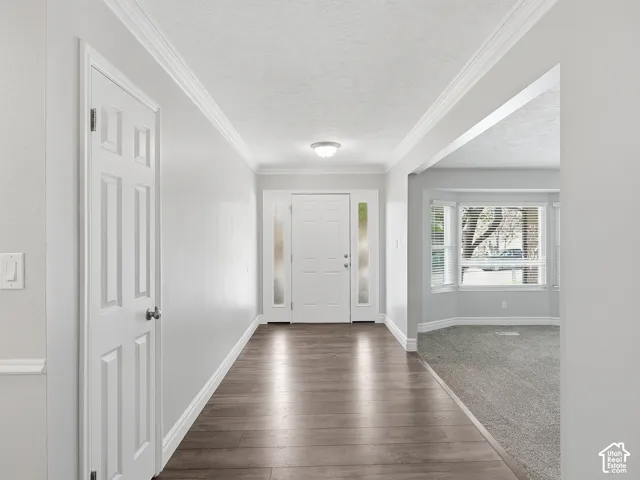 Entryway featuring wood-finish flooring, white paneled doors, crown molding, and an overhead light fixture