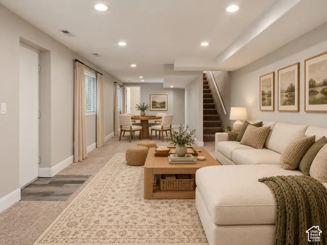 Recessed lighting, wood-finish flooring, staircase with carpeted treads, interior doors, and a window with blinds