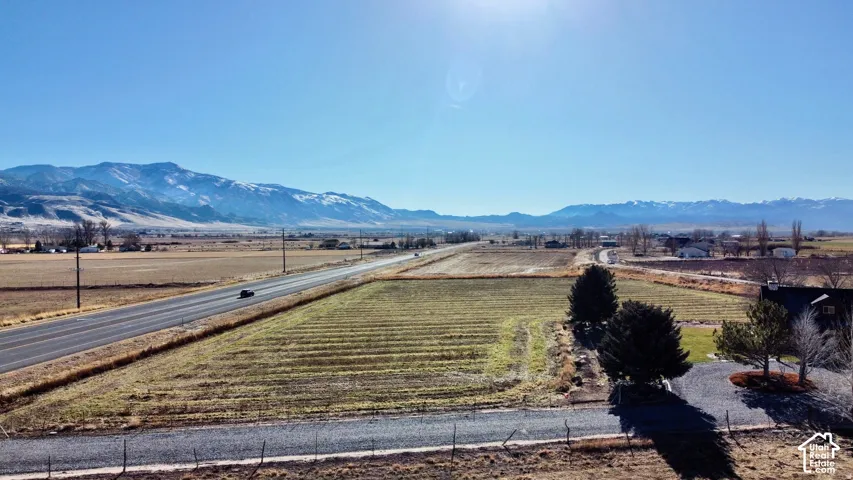 Expansive agricultural fields with distant snow-capped mountains and a clear sky backdrop