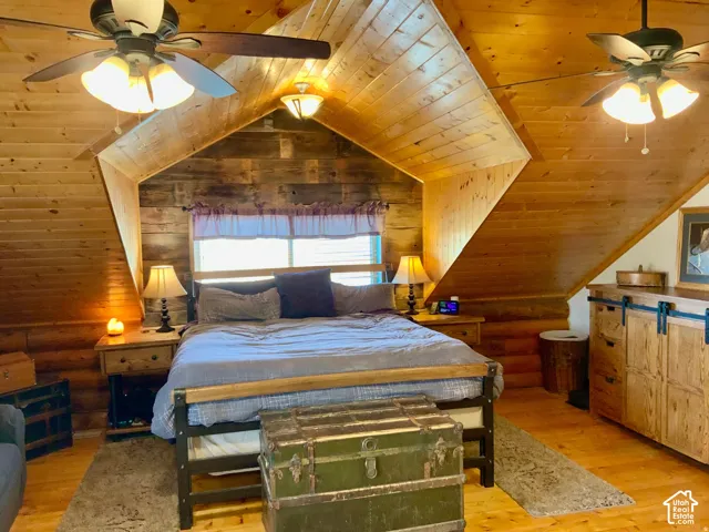 Vaulted wood-paneled ceiling with dual ceiling fans
