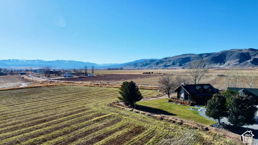 Log-style home with expansive field, mountain backdrop, and paved driveway