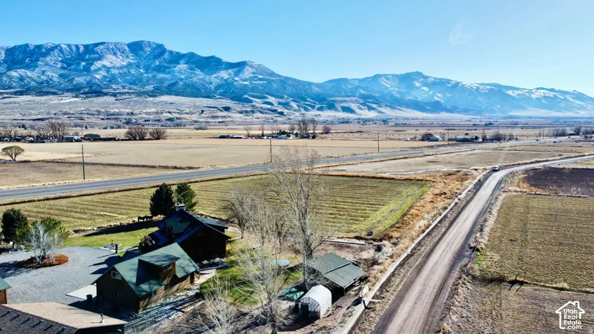 Mountain backdrop, expansive cultivated fields, multiple structures, established trees, and a gravel road