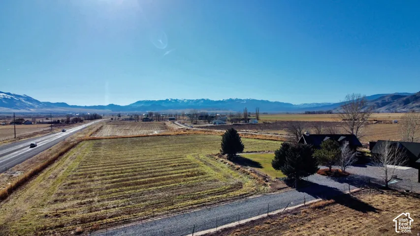 Expansive property featuring a gravel driveway, mature trees, and a distant mountain backdrop