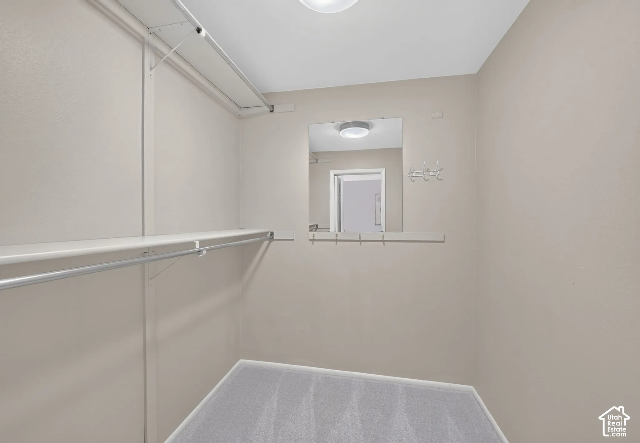 Large walk-in closet with long hanging rods.