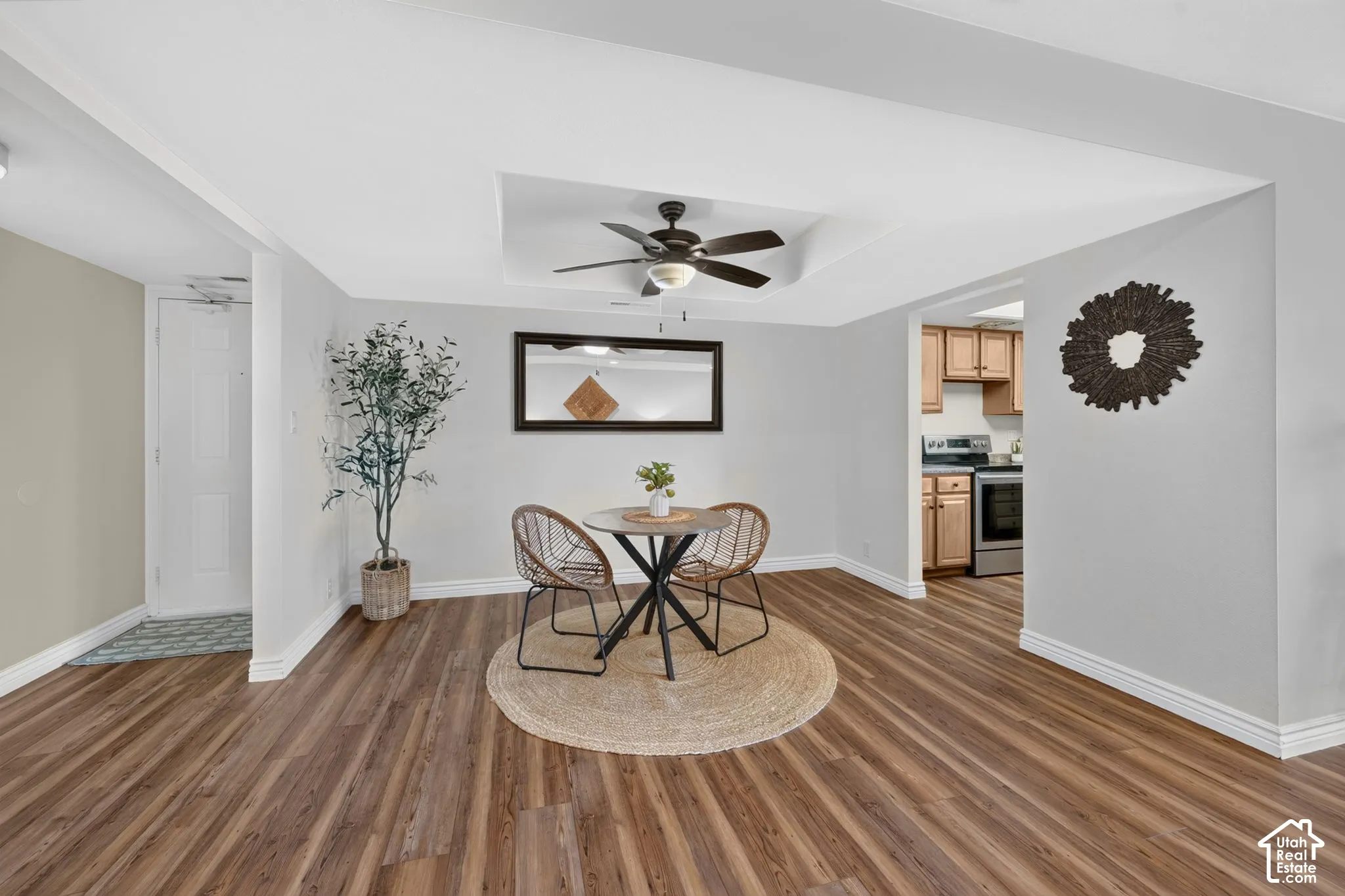 The dining area sits between the living room and kitchen, which makes serving and entertaining easy.