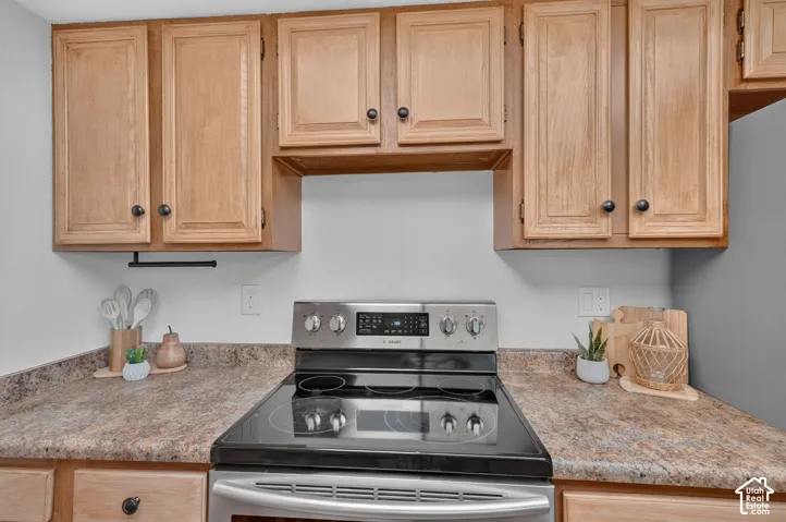 Stainless range and refrigerator, both included.