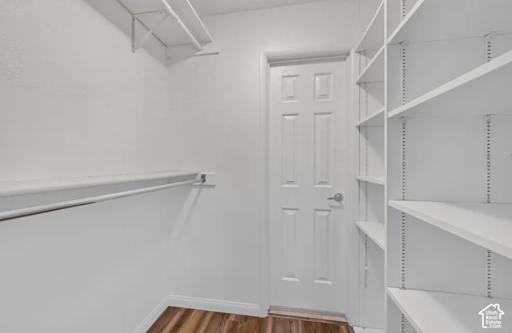 Walk-in closet featuring wood-finish flooring, white walls, built-in shelving, and a hanging rod - door leads to the bathroom