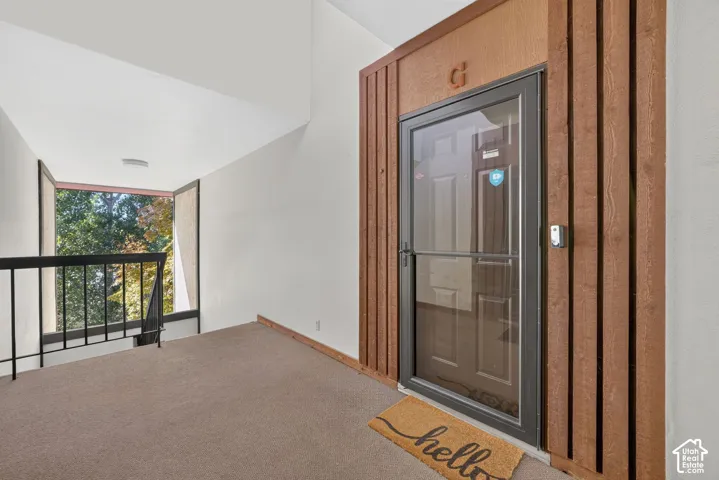 Front door of the condo, reached from an exterior landing.