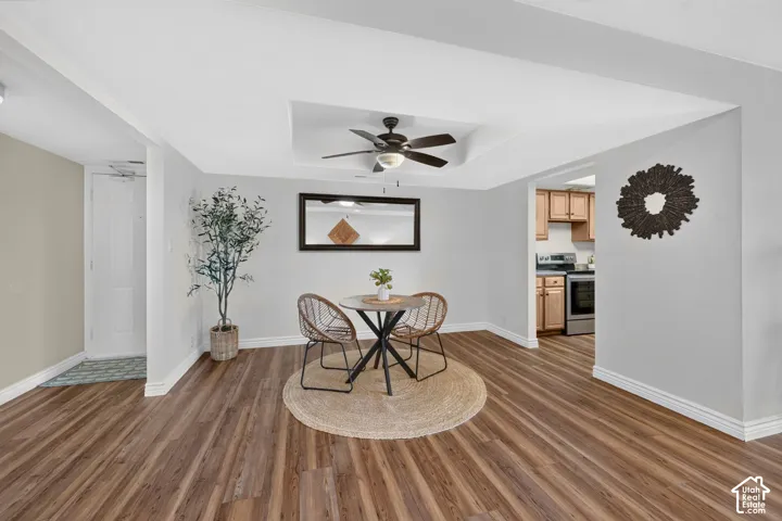 The dining area sits between the living room and kitchen, which makes serving and entertaining easy.