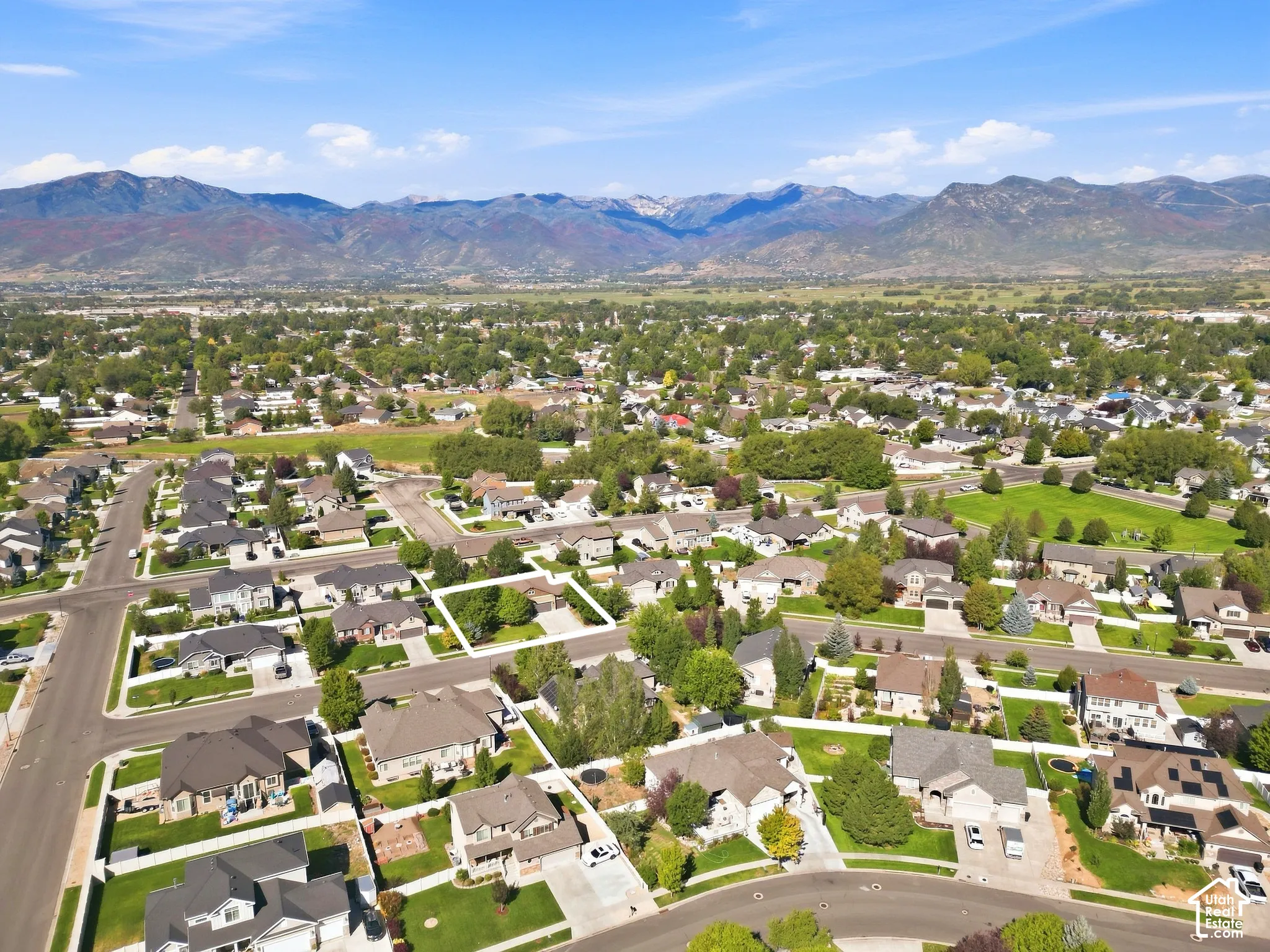 Residential neighborhood with mature landscaping and mountain backdrop