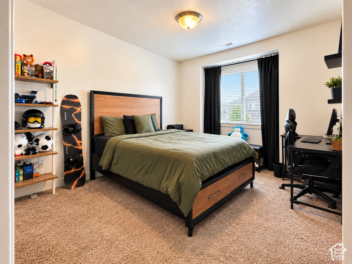 Wall-to-wall carpeting and a ceiling-mounted light fixture