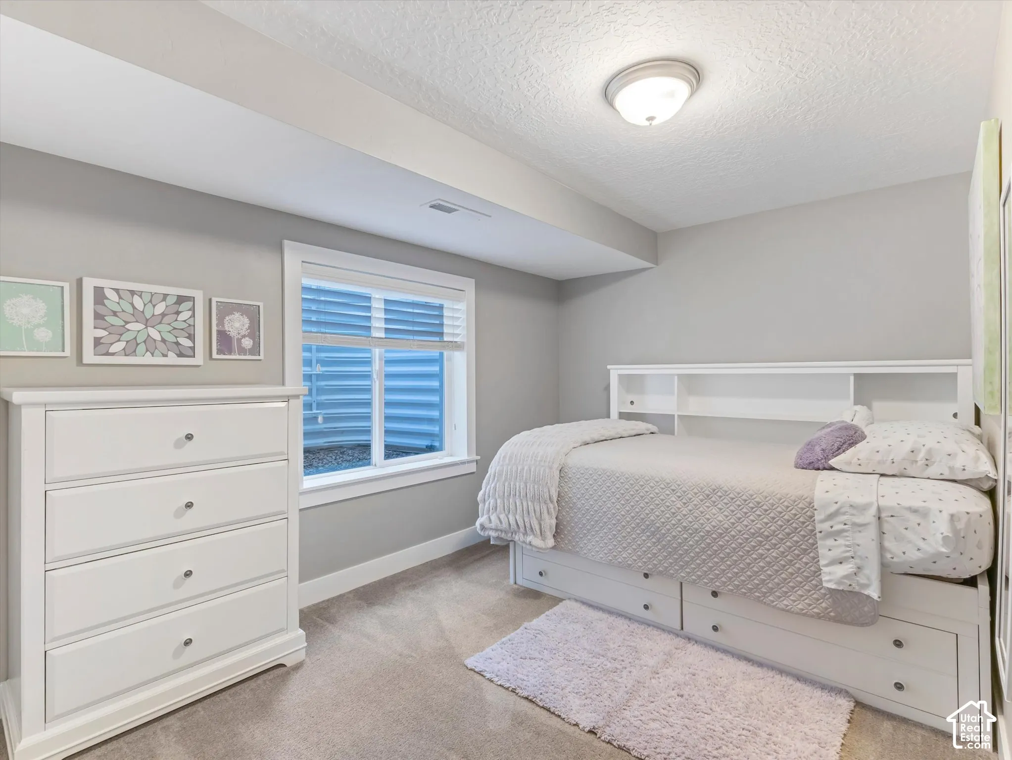 Neutral wall color, window with blinds, recessed ceiling light, and carpeted flooring