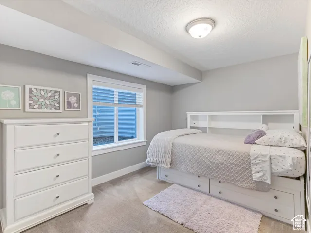 Neutral wall color, window with blinds, recessed ceiling light, and carpeted flooring