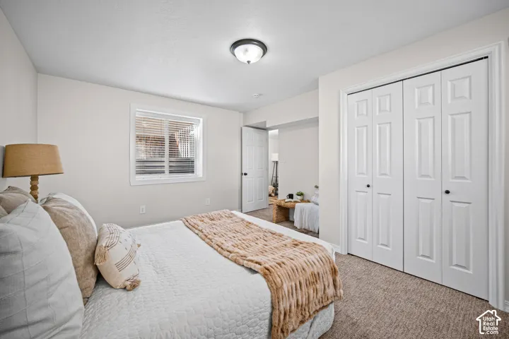 Recessed window with blinds, white paneled bi-fold closet doors, ceiling-mounted light fixture, and textured carpeting
