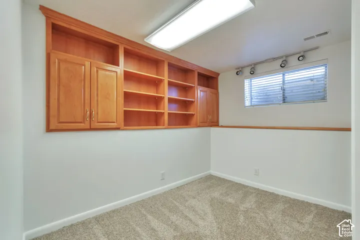 Built-in wood-finish shelving and cabinetry