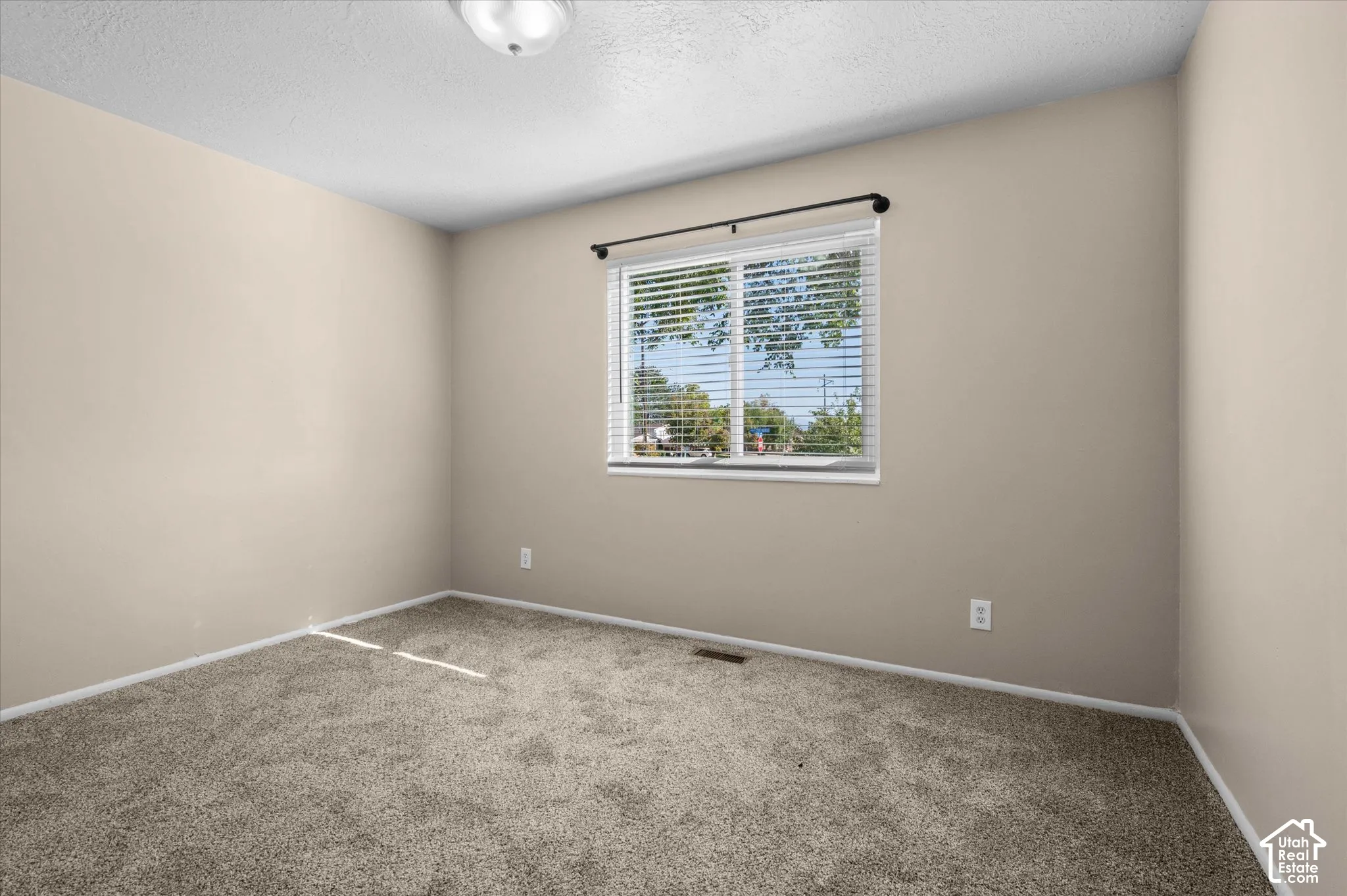 Bright secondary bedroom featuring neutral wall finishes, carpet flooring, and a large double-hung window with natural light and exterior views