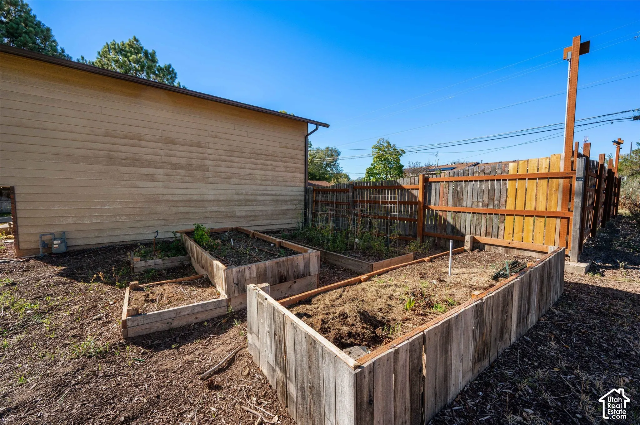 Productive backyard garden space featuring multiple raised wooden planting beds with soil-ready construction, mature shade trees, wooden privacy fencing, and a single-story outbuilding with wood-finish siding