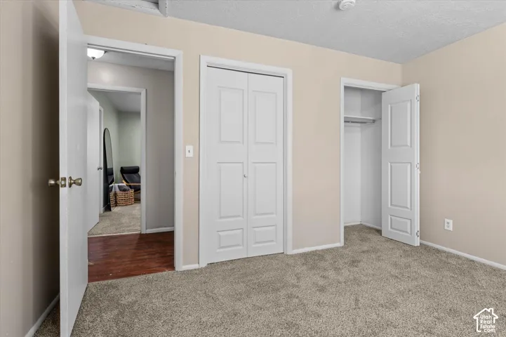 Textured carpet flooring, neutral painted walls, white trim, and a built-in closet with shelving