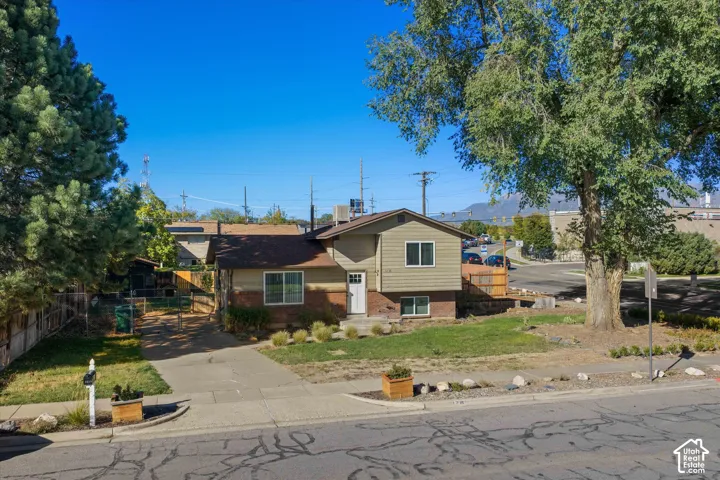 Siding and brick exterior with a front entry, concrete driveway, front yard, and mature landscaping