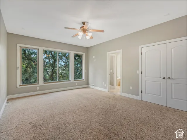 Expansive room featuring multiple windows, neutral carpeting, a ceiling fan, and two paneled doors