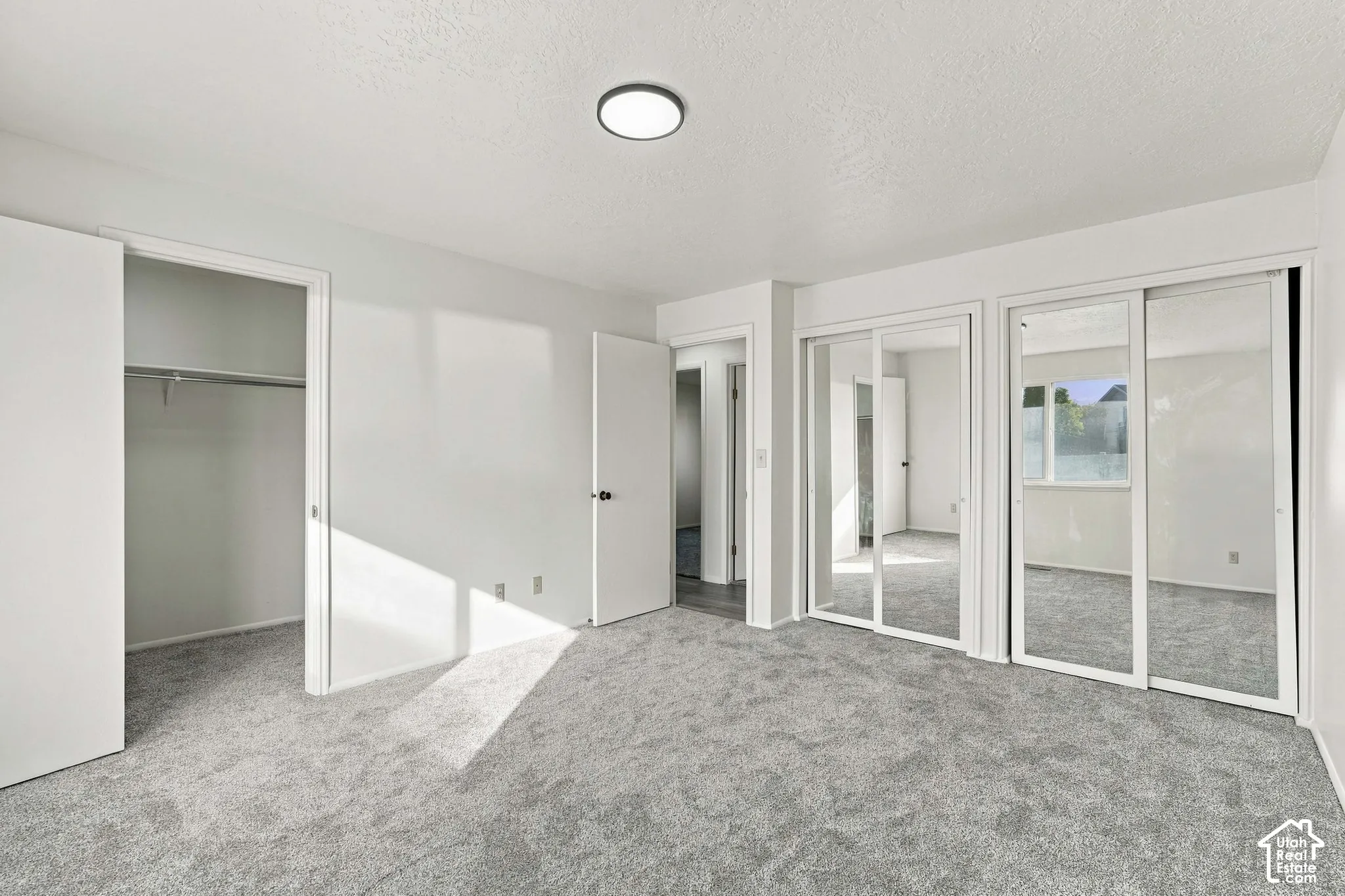 Light gray carpeting with a flat panel ceiling light