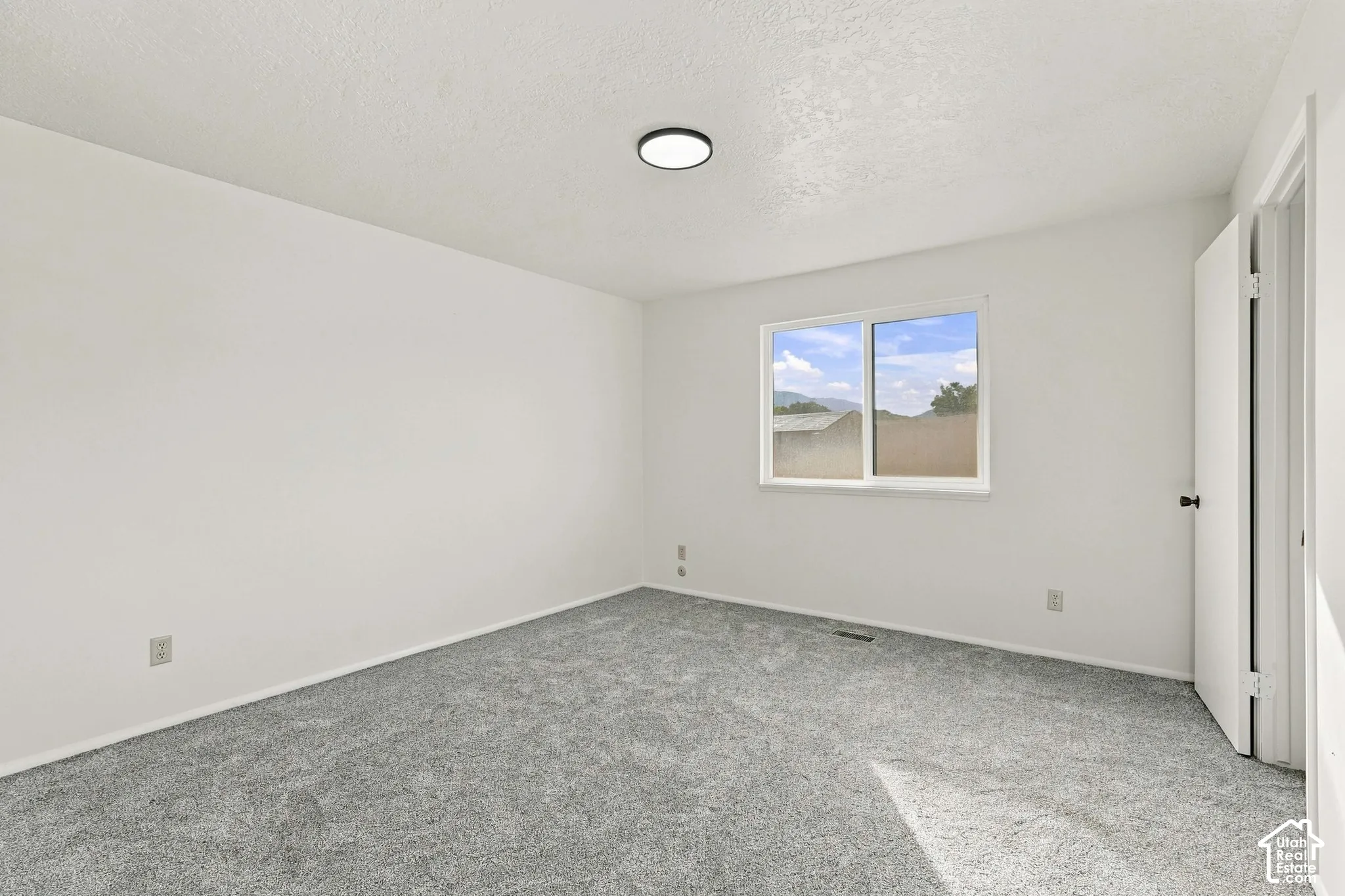 Light gray carpet, white painted walls, single window with white trim, and a flush-mount ceiling light fixture
